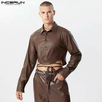 INCERUN Мужская кожаная куртка с длинным рукавом на шнуровке из искусственной кожи, укороченные пальто