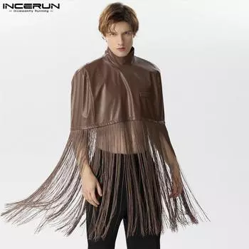 INCERUN Мужская кожаная лоскутная накидка с кисточками на подоле, крутая стильная накидка S коричневый