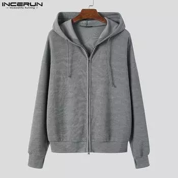 INCERUN Мужская куртка-свитер на молнии с длинным рукавом и капюшоном