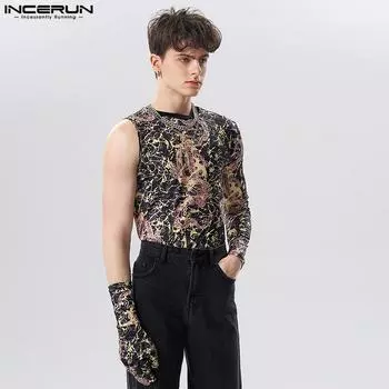 INCERUN Мужская летняя футболка с длинным рукавом и круглым вырезом с принтом и половиной рукава