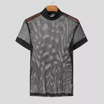 INCERUN Мужская летняя футболка с коротким рукавом и сетчатой прозрачной вставкой L