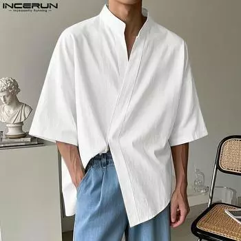 INCERUN Мужская летняя футболка с V-образным вырезом и коротким рукавом, повседневная полупрозрачная футболка S белый