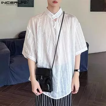 INCERUN Мужская летняя футболка с воротником-стойкой и коротким рукавом в полоску, повседневные прозрачные топы M белый