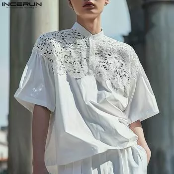 INCERUN Мужская летняя футболка с воротником-стойкой и коротким рукавом в стиле пэчворк, повседневная футболка для вечеринок XL белый