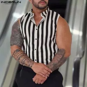 INCERUN Мужская летняя майка без рукавов с воротником-стойкой в полоску 2XL жёлтый