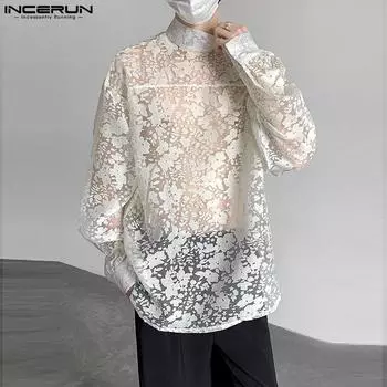 INCERUN Мужская летняя прозрачная блузка с высоким воротником-стойкой и сетчатым верхом с длинными рукавами и жаккардовым цветочным узором XL белый