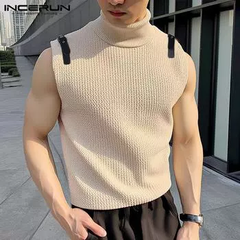 INCERUN Мужская летняя водолазка без рукавов, жилет, кожаные майки с пряжкой M хаки