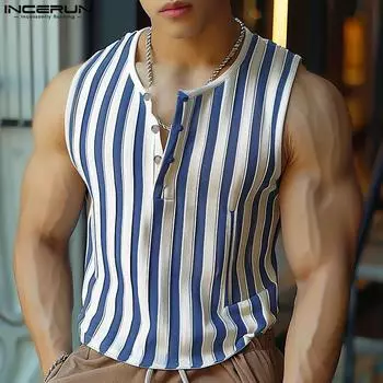 INCERUN Мужская майка без рукавов с V-образным вырезом и пуговицами, летняя повседневная полосатая спортивная майка 2XL синий