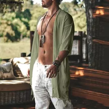 INCERUN Мужская мода с рукавом 3/4 однотонный длинный кардиган плащ летние каникулы повседневное пляжное свободное тонкое пальто плюс размер 5XL чёрный