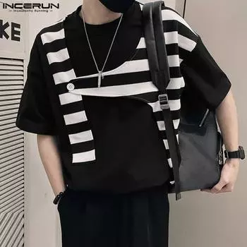 INCERUN Мужская модная футболка из двух частей с короткими рукавами в черно-белую полоску