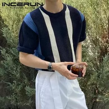 INCERUN Мужская модная полосатая футболка с круглым вырезом и коротким рукавом