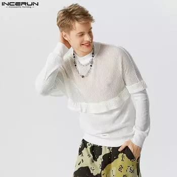 INCERUN Мужская модная сетчатая лоскутная вязаная футболка с длинными рукавами на весну и осень