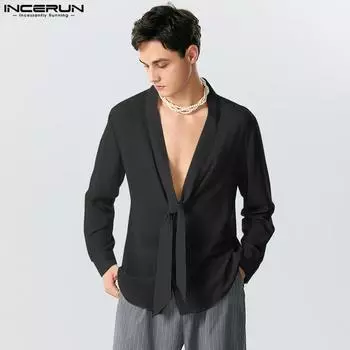 INCERUN Мужская модная сетчатая прозрачная рубашка с длинными рукавами и завязанным воротником