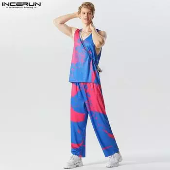 INCERUN Мужская модная текстура с принтом тай-дай, цветной наряд, жилет + брюки, повседневный костюм