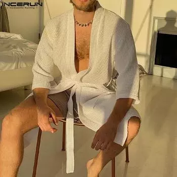 INCERUN Мужская одежда для сна с длинным рукавом и открытой передней частью на шнуровке, халат, домашняя одежда