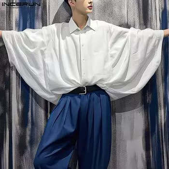 INCERUN Мужская однотонная офисная блузка с отложным воротником и рукавами «летучая мышь» S белый