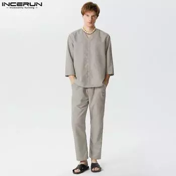 INCERUN Мужская однотонная рубашка с рукавом 3/4, длинные брюки, повседневные свободные костюмы