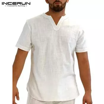 INCERUN Мужская повседневная футболка с v-образным вырезом и коротким рукавом, однотонные свободные хлопковые льняные мужские летние топы