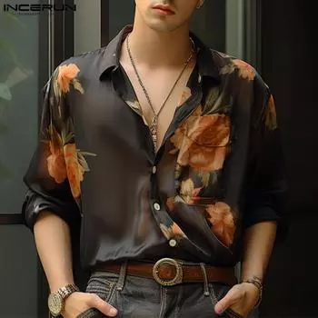 INCERUN Мужская повседневная рубашка с длинным рукавом и цветочным принтом, праздничные прозрачные прозрачные топы S чёрный
