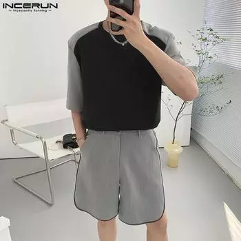INCERUN Мужская повседневная свободная домашняя одежда, комплекты из 2 предметов, цветные топы с короткими рукавами и шорты