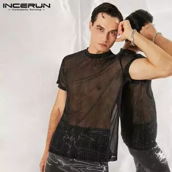 INCERUN Мужская прозрачная летняя клубная одежда с короткими рукавами, черные топы 2XL чёрный