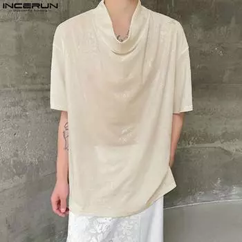 INCERUN Мужская прозрачная сетчатая футболка с круглым вырезом и коротким рукавом, повседневные прозрачные топы L чёрный