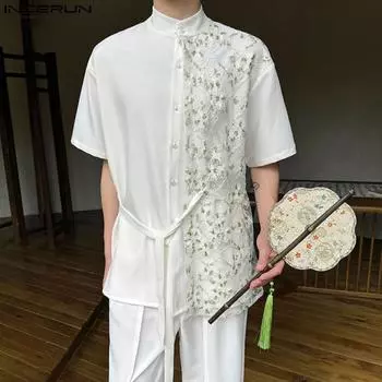 INCERUN Мужская рубашка-хенли больших размеров с цветочным принтом и шнуровкой, с короткими рукавами S белый