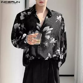 INCERUN Мужская рубашка с длинным рукавом и цветочным принтом из шифона, повседневные прозрачные топы на пуговицах S чёрный