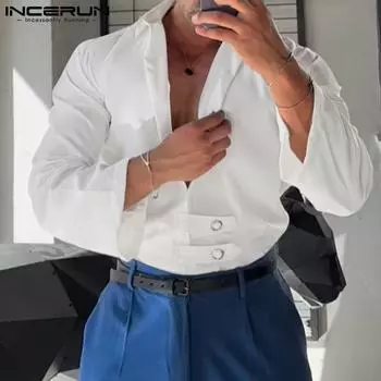 INCERUN Мужская рубашка с длинным рукавом и лацканами, свободные однотонные топы 4XL чёрный