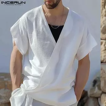 INCERUN Мужская рубашка с V-образным вырезом и короткими рукавами, летняя, с перекрестными бретелями спереди белый