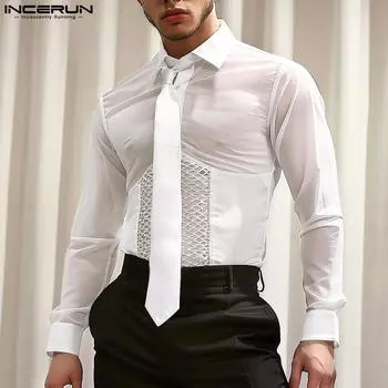 INCERUN Мужская прозрачная рубашка с завязками на лацканах и лоскутным узором, полыми пуговицами, повседневная рубашка с длинным рукавом M белый