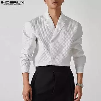 INCERUN Мужская рубашка с зазубренными лацканами и вафельным узором с длинным рукавом, повседневный пиджак, топы S чёрный