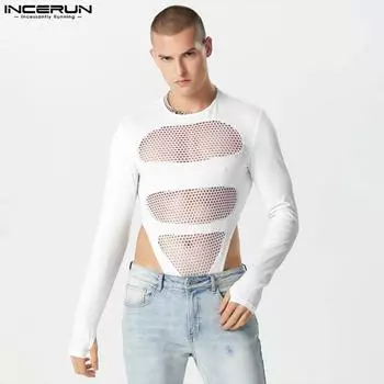 INCERUN Мужская сетчатая клубная одежда с длинными рукавами, комбинезоны, боди
