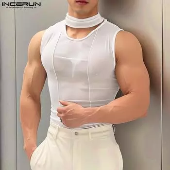 INCERUN Мужская сетчатая прозрачная безрукавка, летняя облегающая повседневная майка с вырезом XL белый