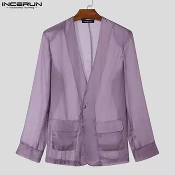 INCERUN Мужская сетчатая прозрачная рубашка с длинным рукавом для вечеринок, прозрачные сексуальные топы L белый