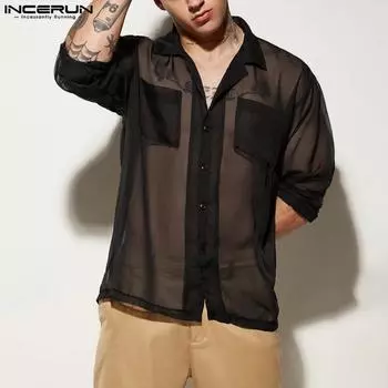 INCERUN Мужская сетчатая прозрачная рубашка с длинным рукавом и лацканами, повседневные топы для вечеринок 2XL чёрный