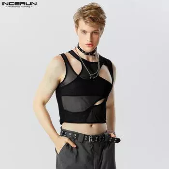 INCERUN Мужская стильная укороченная сетчатая майка без рукавов с вырезами