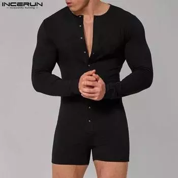 INCERUN Мужская тонкая домашняя одежда на пуговицах с длинными рукавами Боди-боксеры S синий