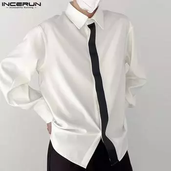 INCERUN Мужская тонкая офисная рубашка с длинным рукавом и пуговицами с отложным воротником