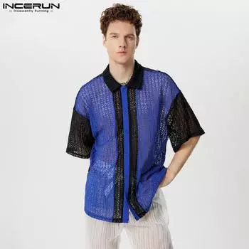 INCERUN Мужская трикотажная рубашка с короткими рукавами в стиле пэчворк с вырезом, летние сетчатые топы с V-образным вырезом XL розовый