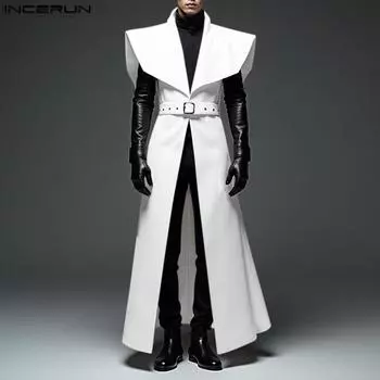 INCERUN Мужская туника с большим лацканом и длинным рукавом, поясом на талии, с открытым передом S чёрный