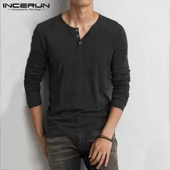 INCERUN Мужская весенняя хлопковая майка, повседневная удобная рубашка с v-образным вырезом и длинными рукавами