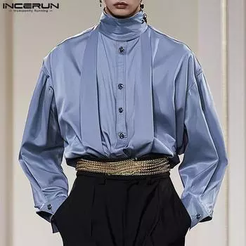 INCERUN Мужская весенняя водолазка с длинным рукавом из сатина на пуговицах M чёрный