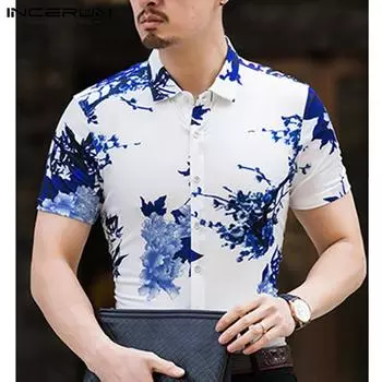 INCERUN Мужская винтажная футболка, крутые летние рубашки с короткими рукавами, гавайская пляжная футболка на пуговицах, топы