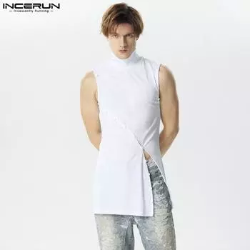 INCERUN Мужская водолазка без рукавов с косыми пуговицами и длинными топами с разрезом