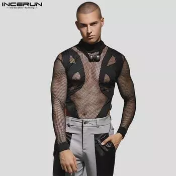 INCERUN Мужская водолазка с длинным рукавом и сетчатой клубной одеждой, облегающие прозрачные комбинезоны