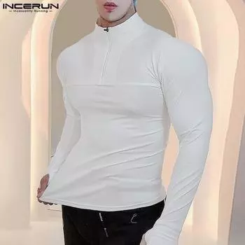 INCERUN Мужская водолазка с длинным рукавом и воротником-молнией, облегающие эластичные топы для спортзала