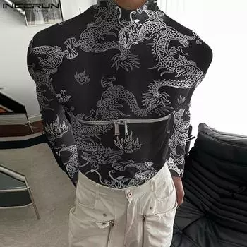 INCERUN Мужская водолазка с длинным рукавом и принтом на молнии, облегающие топы