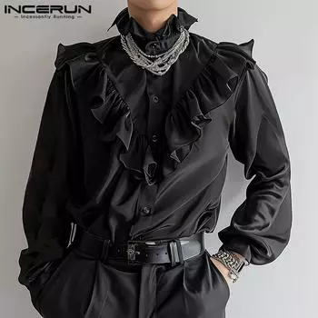 INCERUN Мужская водолазка с длинным рукавом и оборками, топы с воланами на пуговицах 4XL чёрный