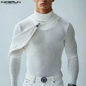 INCERUN Мужская водолазка с длинным рукавом и лямками из ажурной сетки с прозрачным лоскутным узором Футболки Топы XL
